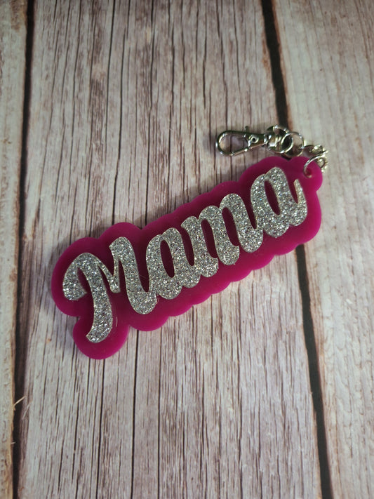 Mama Keychain - Pink & Silver Glitter