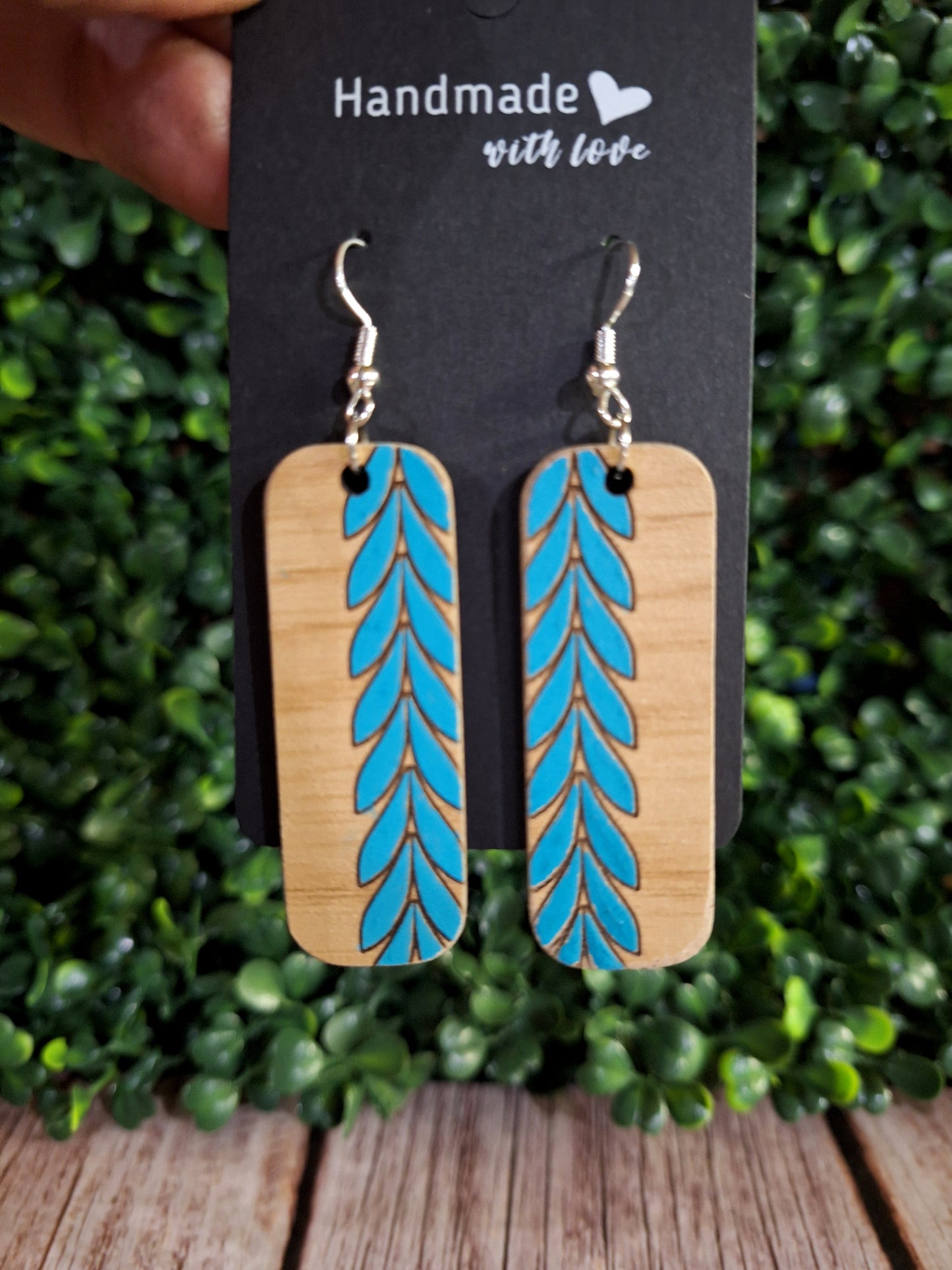 Teal Leaves & Wood Earrings