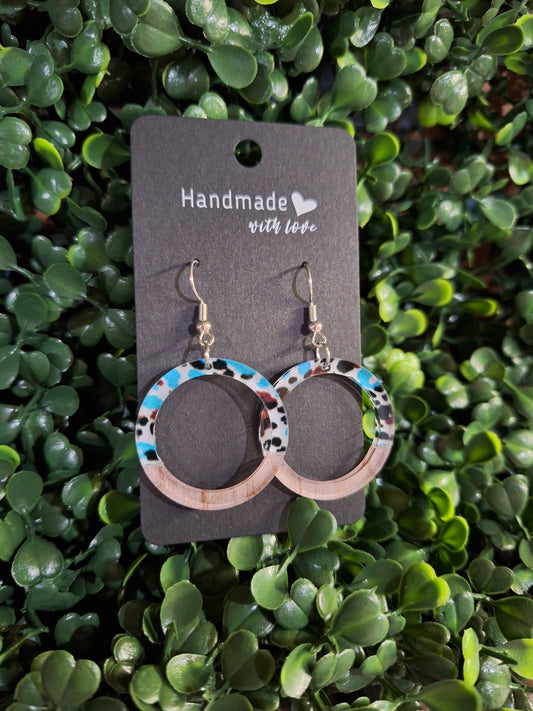 Teal Cowprint & Acrylic Wood Earrings