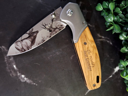 World's Best Grandpa Pocket Knife with Elk Blade